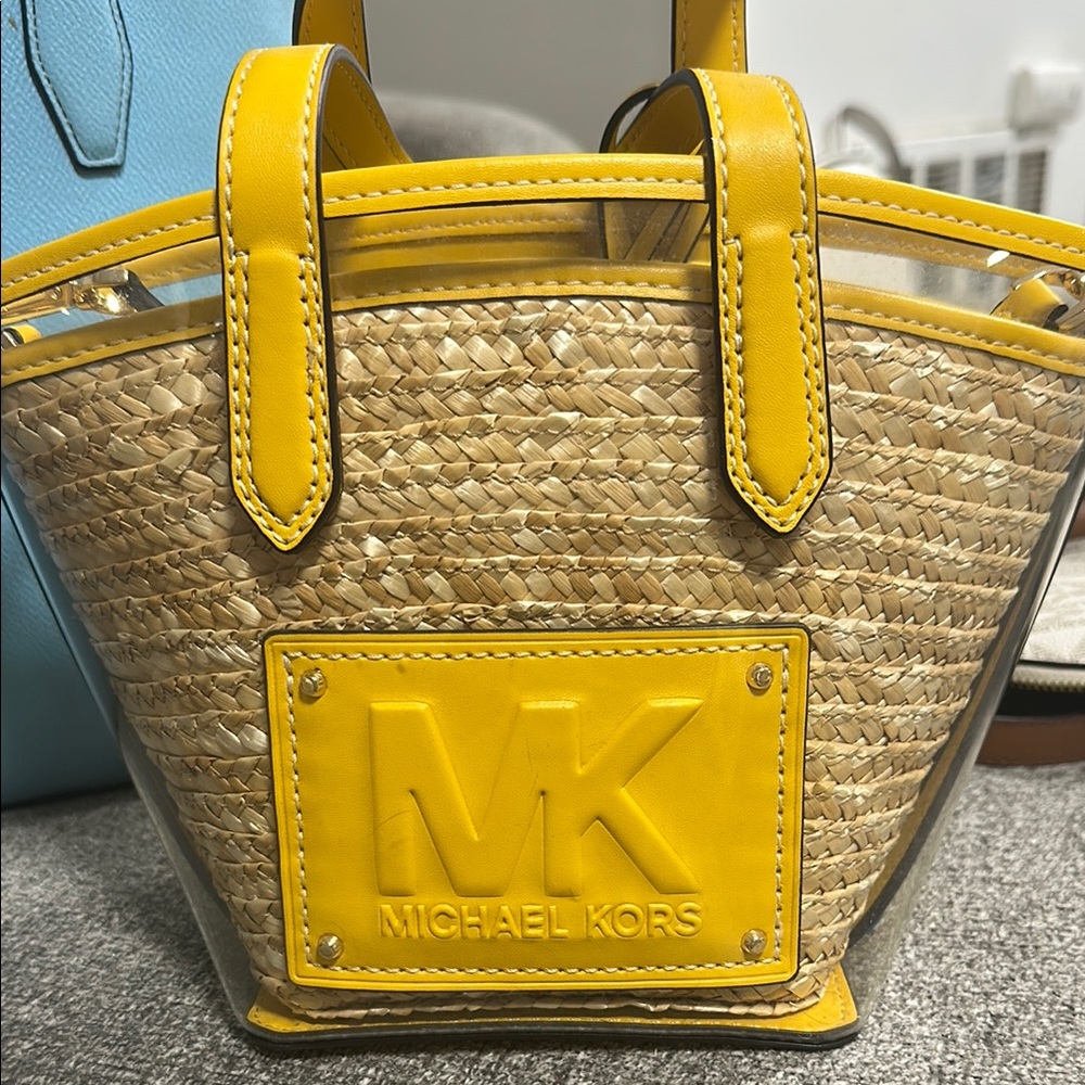 Michael Kors Straw Tote with Yellow Trim